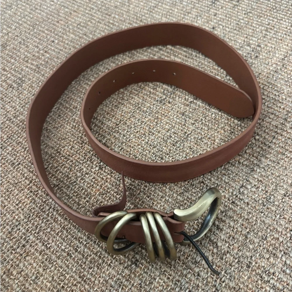 Free People Brown Leather Belt with Antique Gold Triple-Ring Buckle